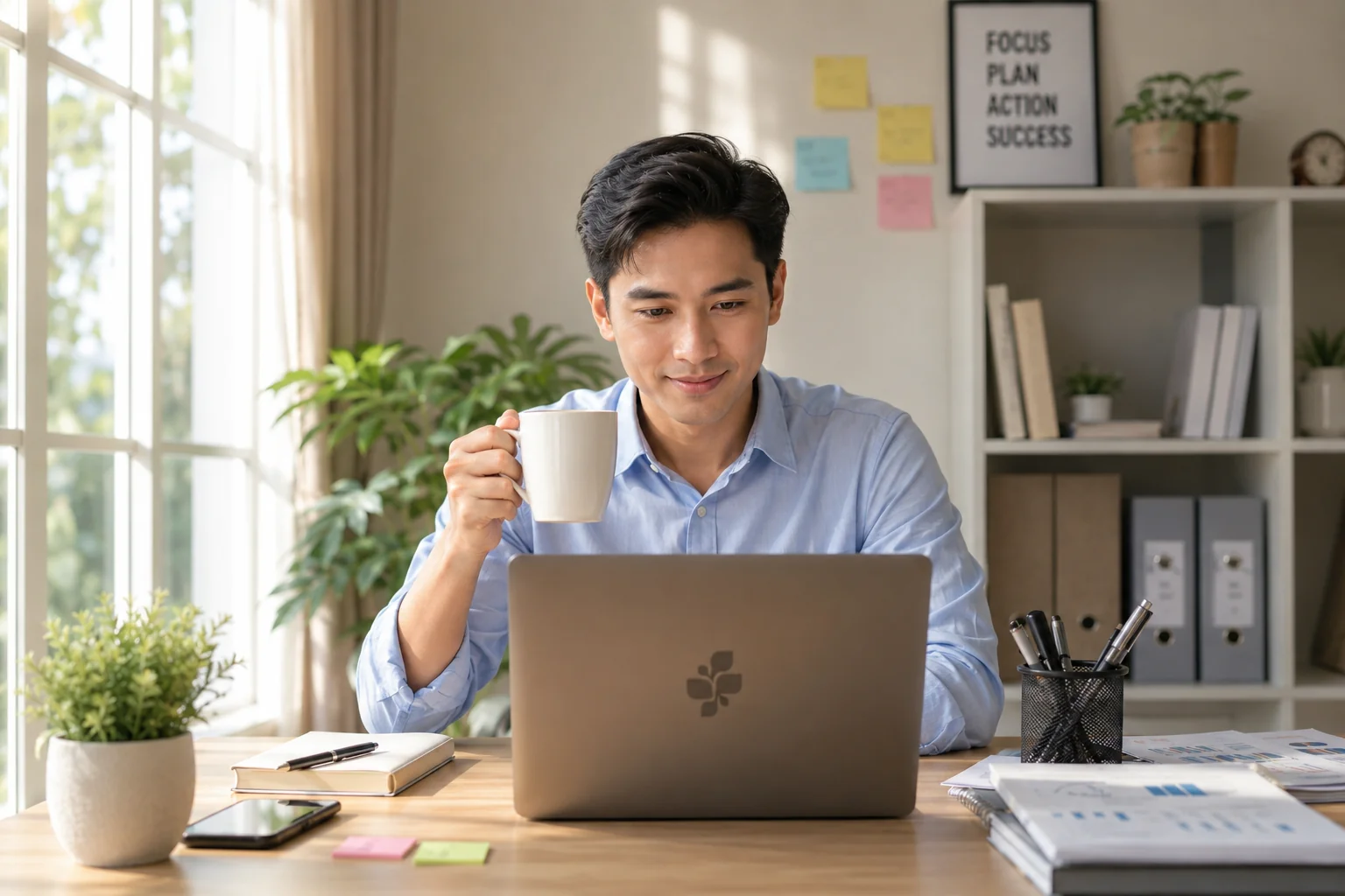 Seorang profesional menikmati kopi pagi sambil bekerja tenang di depan laptop.
