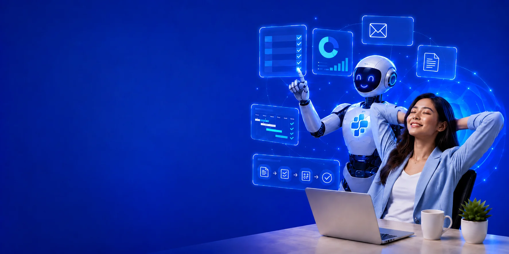 Seorang profesional bersandar santai dan tersenyum sementara asisten AI di sampingnya menyentuh panel-panel tugas melayang.