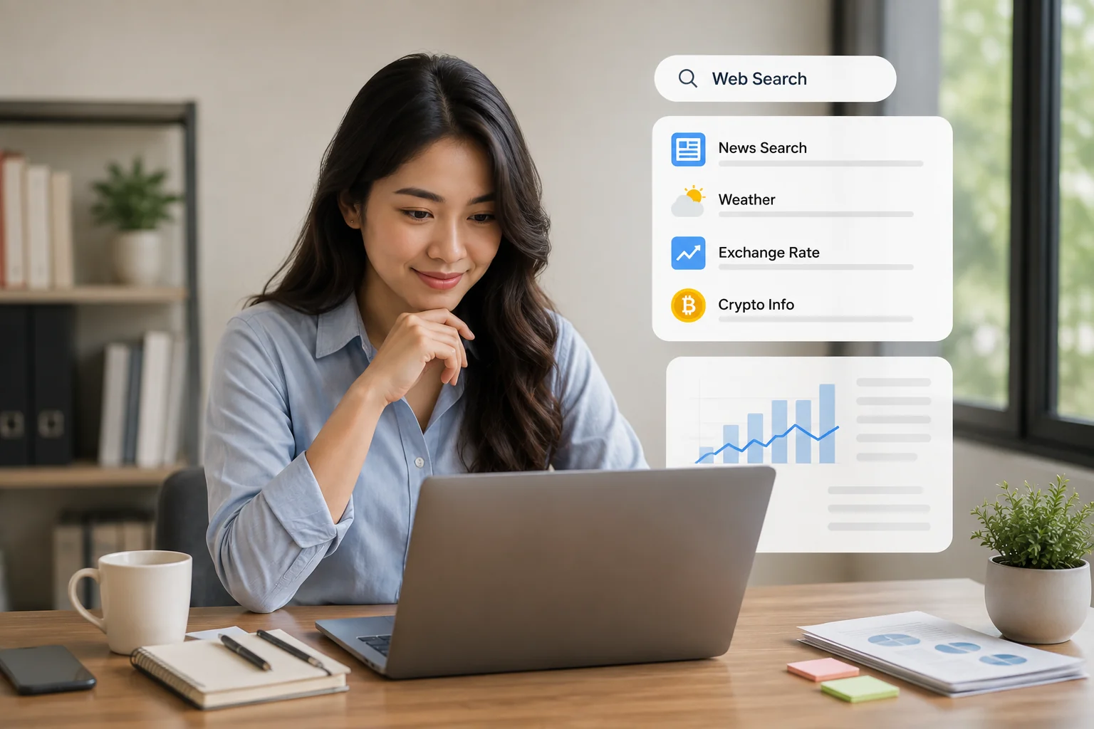 Seorang wanita menatap laptop dengan fokus, dikelilingi panel Web Search, News, Weather, Exchange Rate, dan Crypto Info.